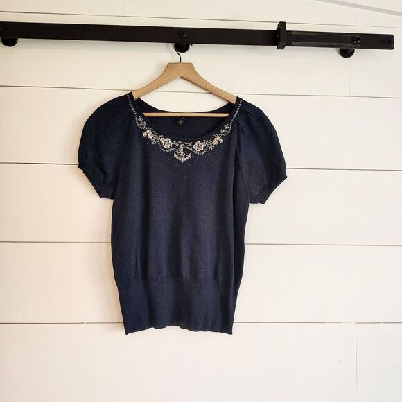 ESCADA Navy Short Sleeve Beaded Sweater Top Women’s 38 Old New Mature Preppy 8 - Picture 1 of 9